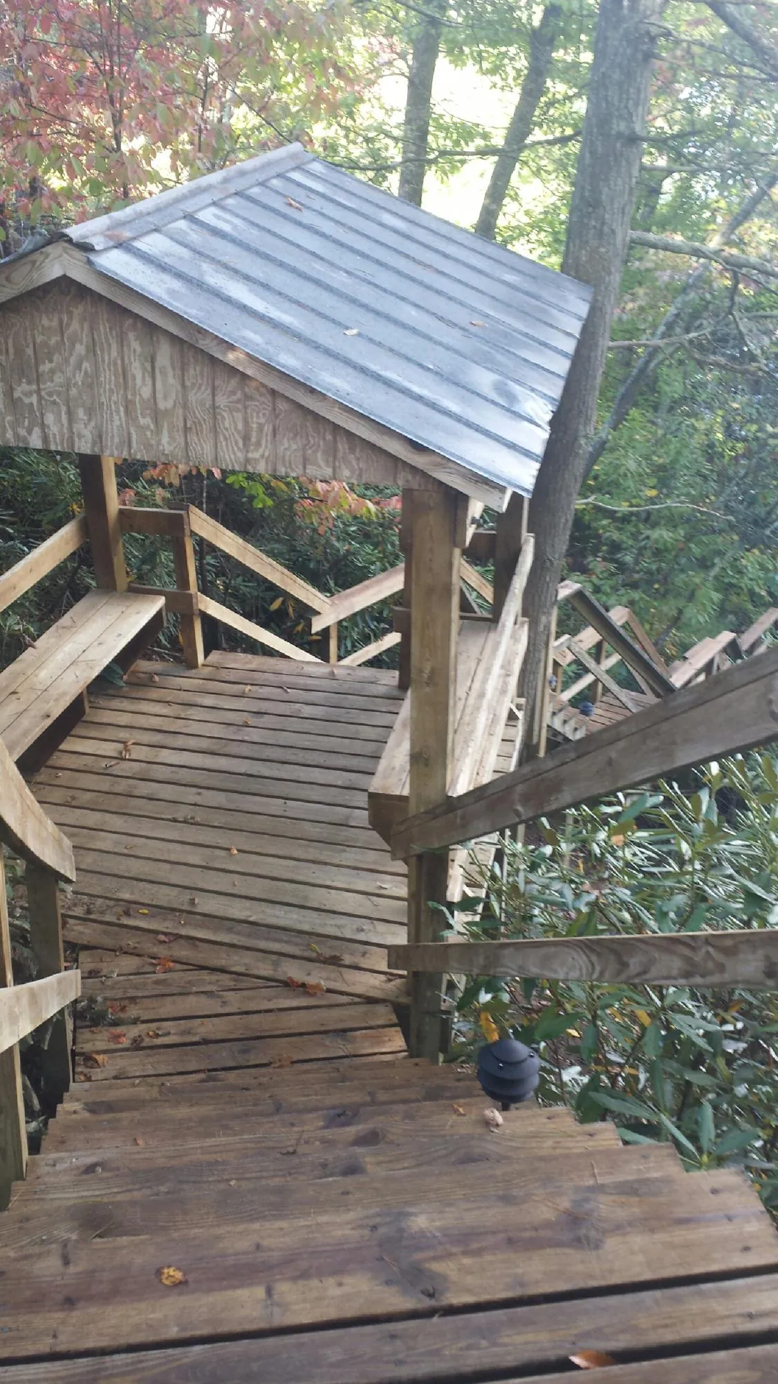 Metal roofed shelter over wooden steps on a wooded walkway — Skylight Repair & Installation work by our crew in Providence